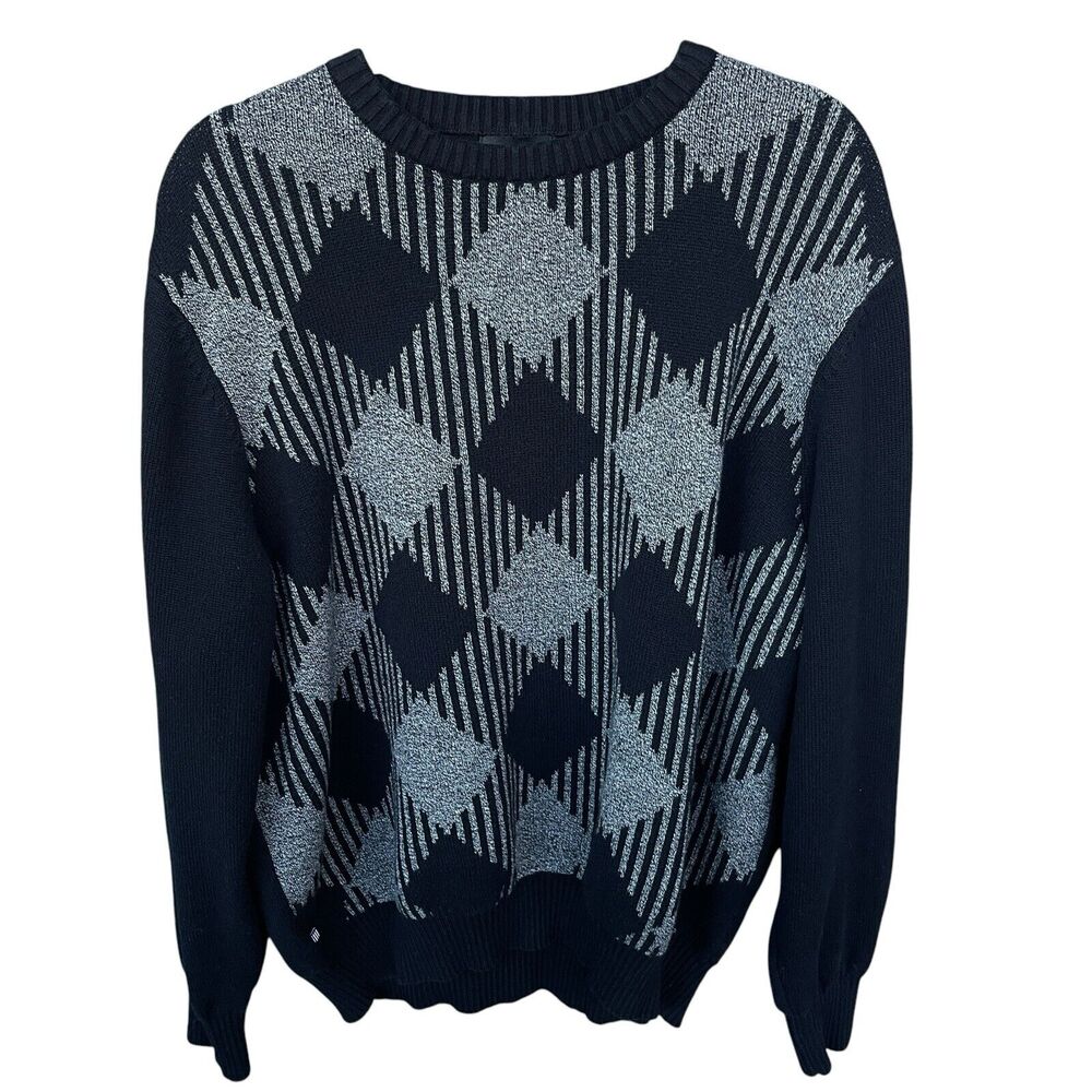 Geoffrey Beene Sweater Mens XXL 2X Black Gray Winter Knit Argyle Preppy Diamond‎
